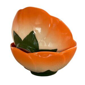 Vtg Skye McGhie Orange Porcelain Bowls‎ 2 Green Leaf Base Floral Cottagecore